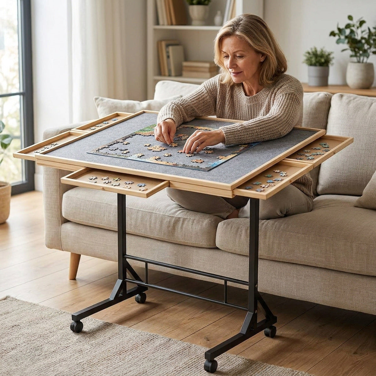 Tilting Wooden Puzzle Table with 4 Drawers - Height-Adjustable Rolling Jigsaw Board with Felt Top and Clear Cover, for Puzzles up to 1500 Pieces