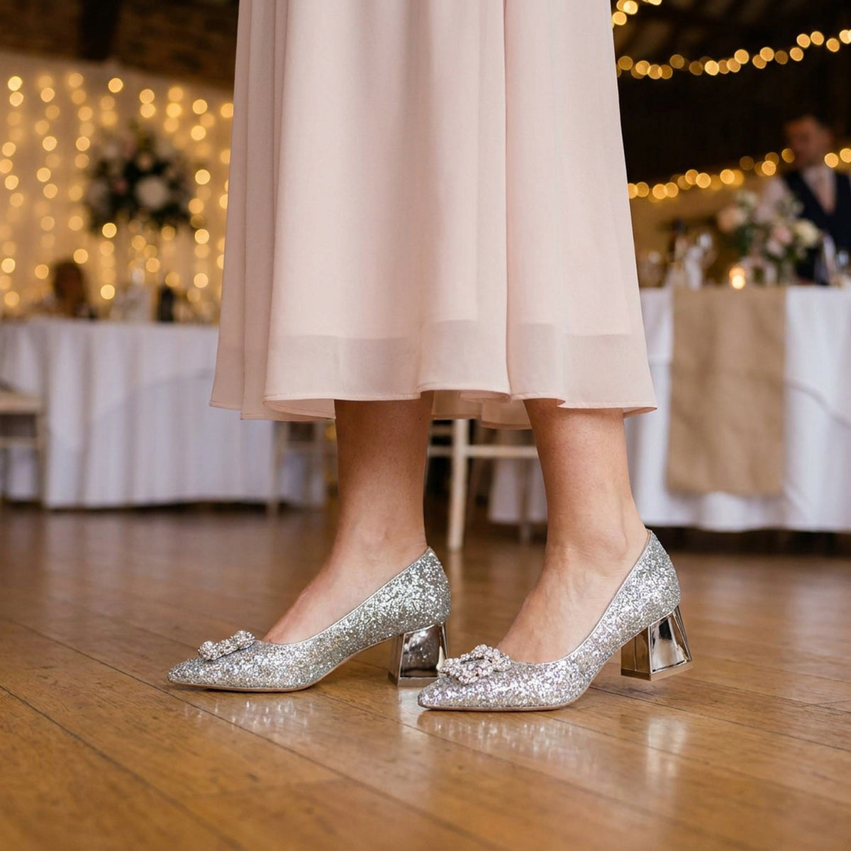 Rhinestone Wedding Shoes – Glitter Block Heel Pumps with Crystal Bow Buckle for Weddings and Parties