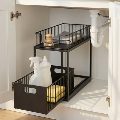 Two Tier Pull-Out Under Sink Organizer – Sliding Cabinet Shelf Storage for Kitchen or Bathroom, Space-Saving and Easy Access for Cleaning Supplies