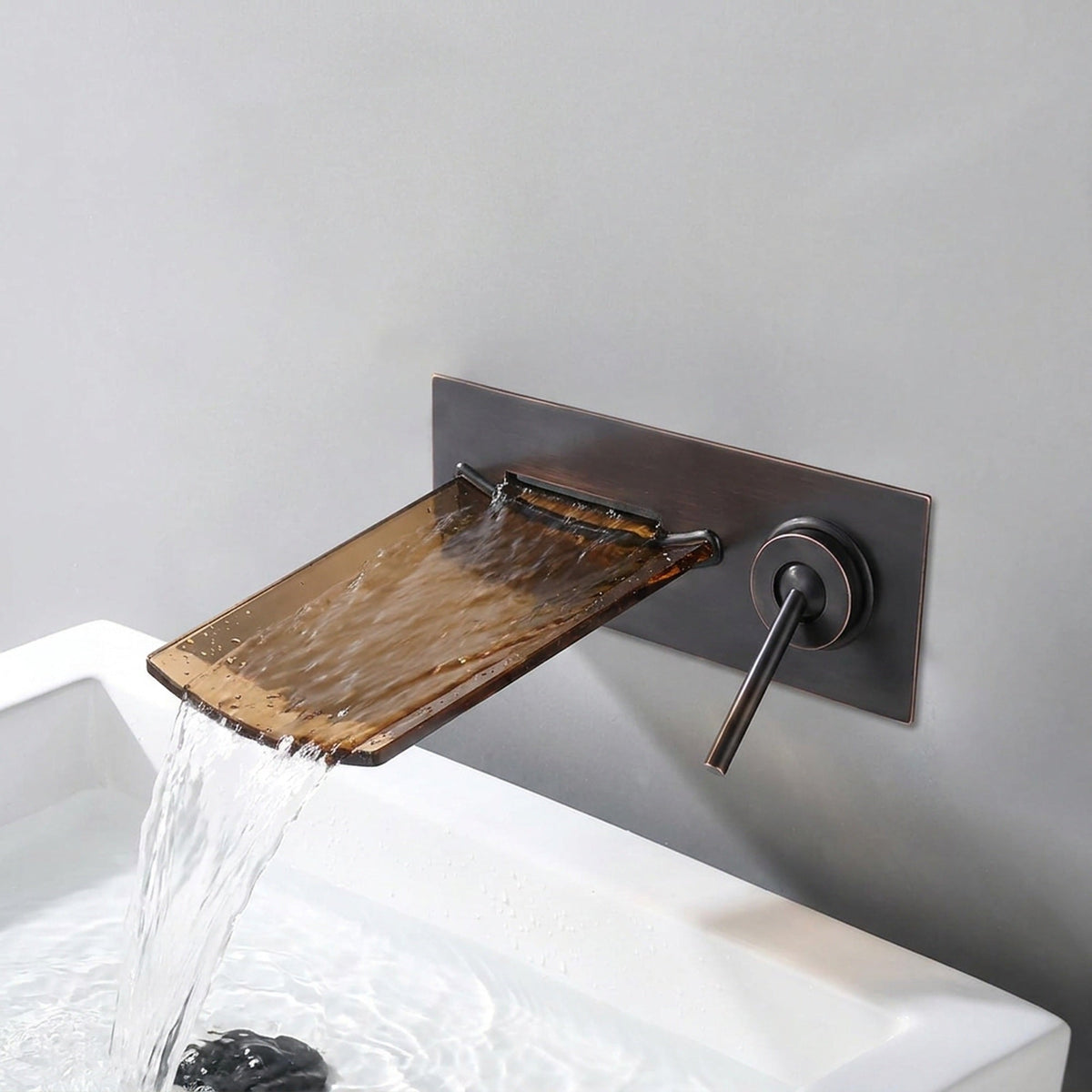 ORB Black Waterfall Faucet – Glass Spout Wall-Mounted Bathtub Mixer Tap for Modern Bathroom Aesthetics