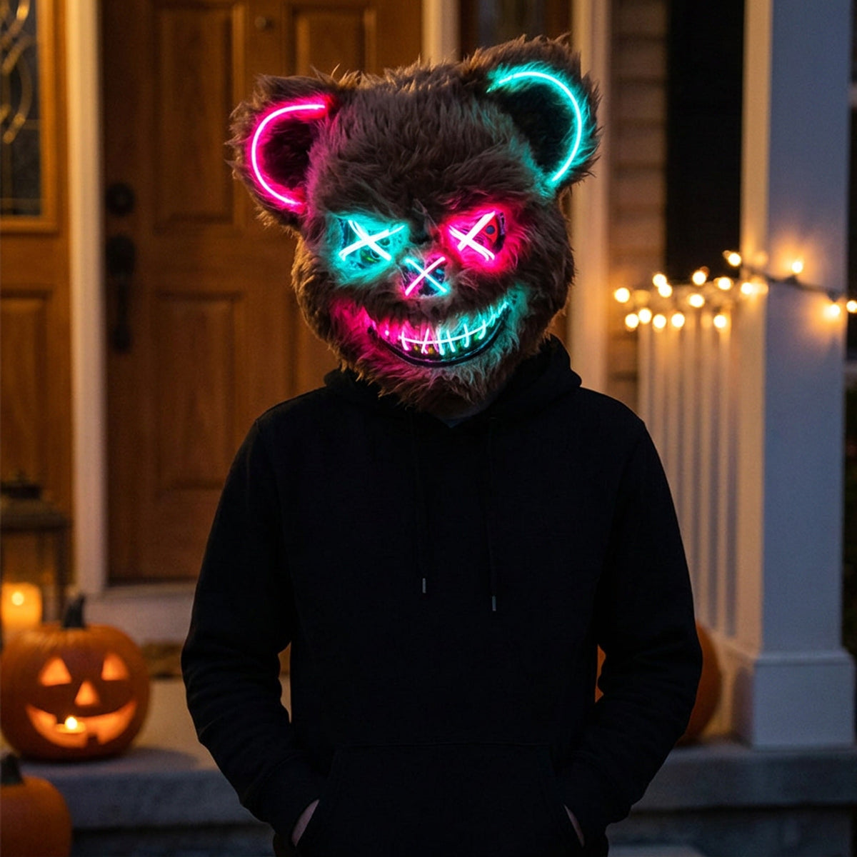 Halloween Bloody Bear Killer Mask – LED Light-Up Flashing Neon Horror Mask for Scary Cosplay, Costume Parties, and Haunted House Decoration