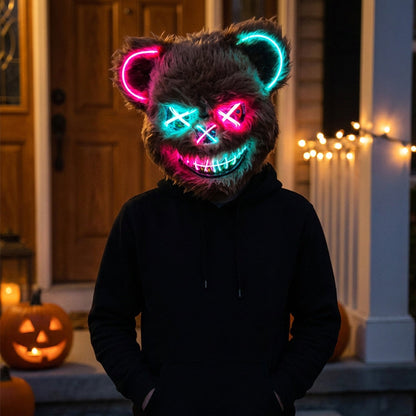 Halloween Bloody Bear Killer Mask – LED Light-Up Flashing Neon Horror Mask for Scary Cosplay, Costume Parties, and Haunted House Decoration