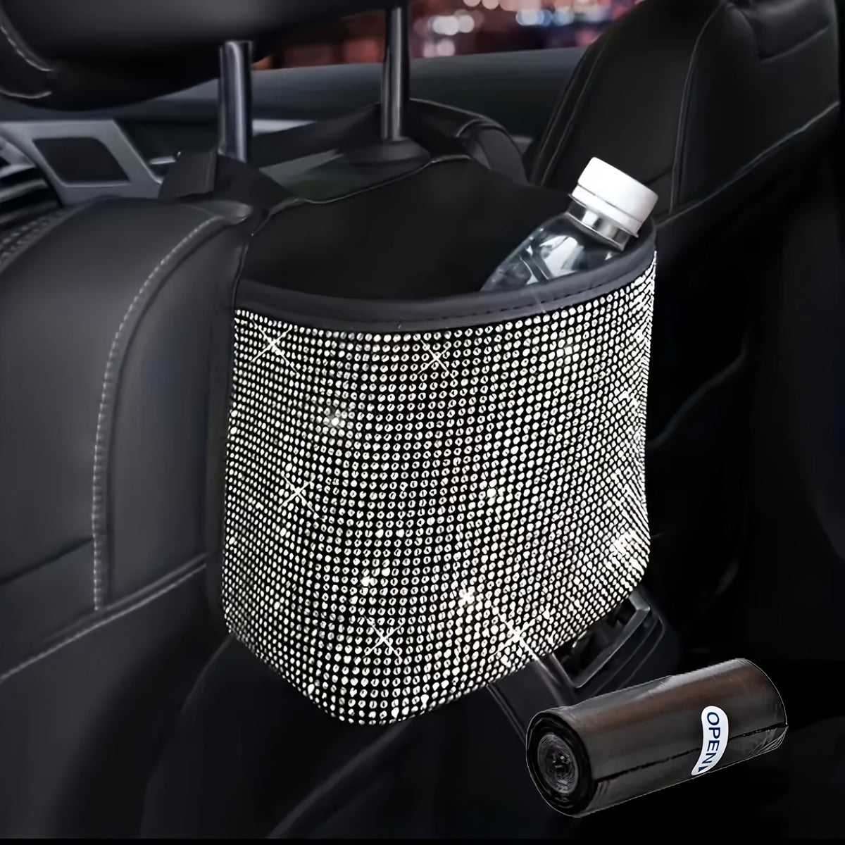 Rhinestone Car Trash Can Set – 2-Piece  Sparkling Hanging Auto Garbage Bin with Trash Bags for Car Interior Storage & Organization