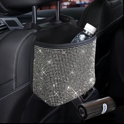 Rhinestone Car Trash Can Set – 2-Piece  Sparkling Hanging Auto Garbage Bin with Trash Bags for Car Interior Storage & Organization