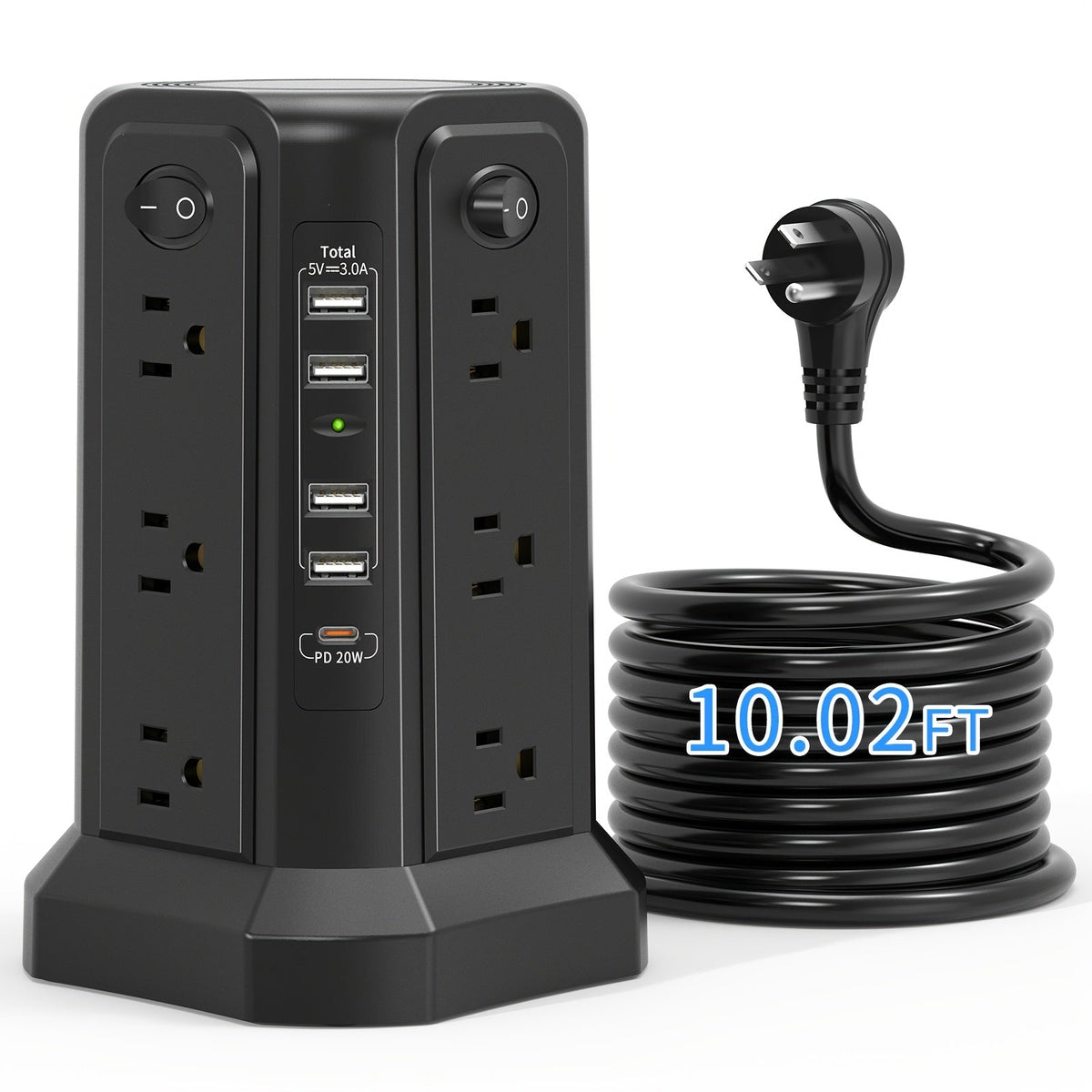 Upgraded Surge Protector Tower – 12 AC Outlets & 5 USB Ports with 10.2ft Cord, Must-Have Charging Station for Home, Office, Travel