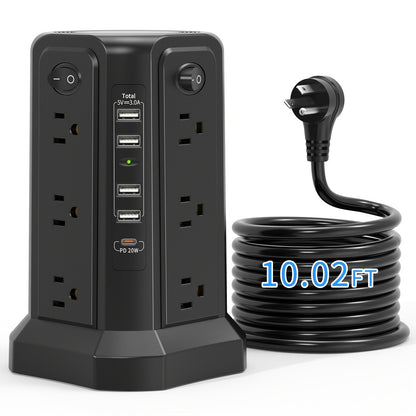 Upgraded Surge Protector Tower – 12 AC Outlets & 5 USB Ports with 10.2ft Cord, Must-Have Charging Station for Home, Office, Travel