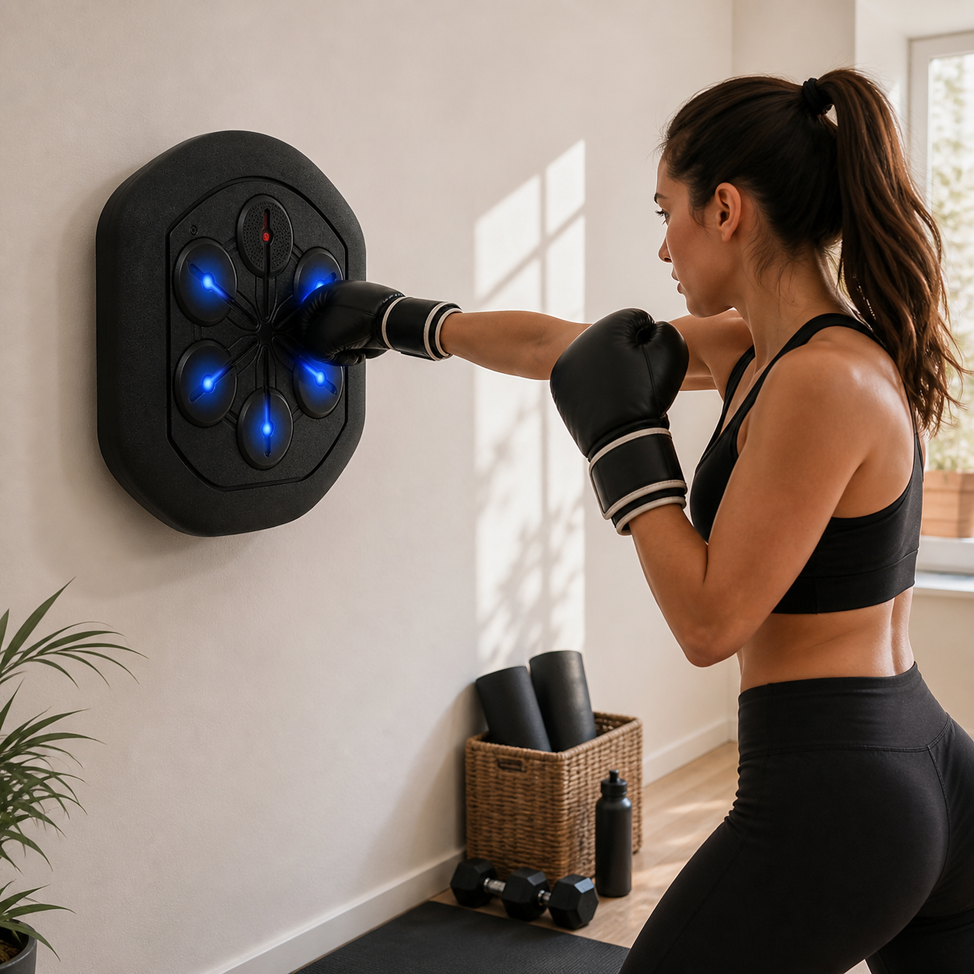Adult wearing gloves and following a light cue on the wall-mounted trainer