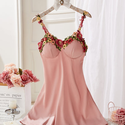 Elegant Lace-Trim V-Neck Slip Nightgown – Women’s Soft Satin-Feel Sleep Dress for Spring, Summer and Fall Comfort
