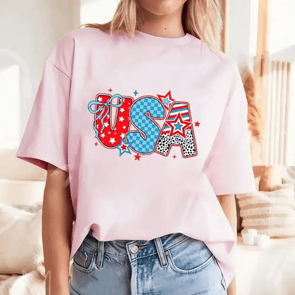 Retro Molten Iron American Flag Heat Transfer Stickers – USA Patriotic Stars, Checkered & Leopard Print Patches for DIY Independence Day Shirts, Jeans & Festival Apparel Customization