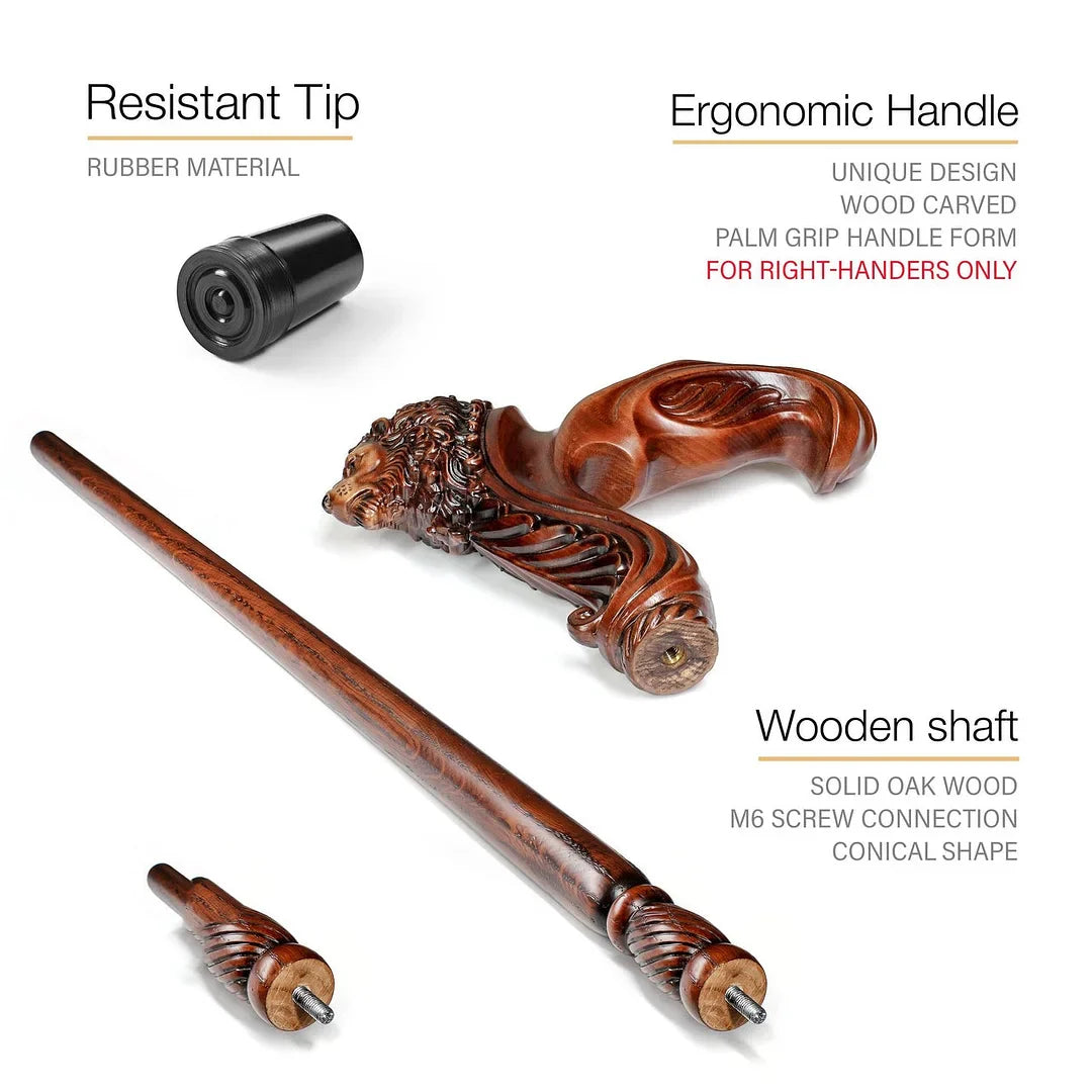 Wooden Walking Stick Cane Lion Head - Palm Grip Ergonomic Handle