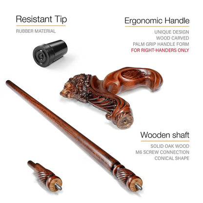 Wooden Walking Stick Cane Lion Head - Palm Grip Ergonomic Handle