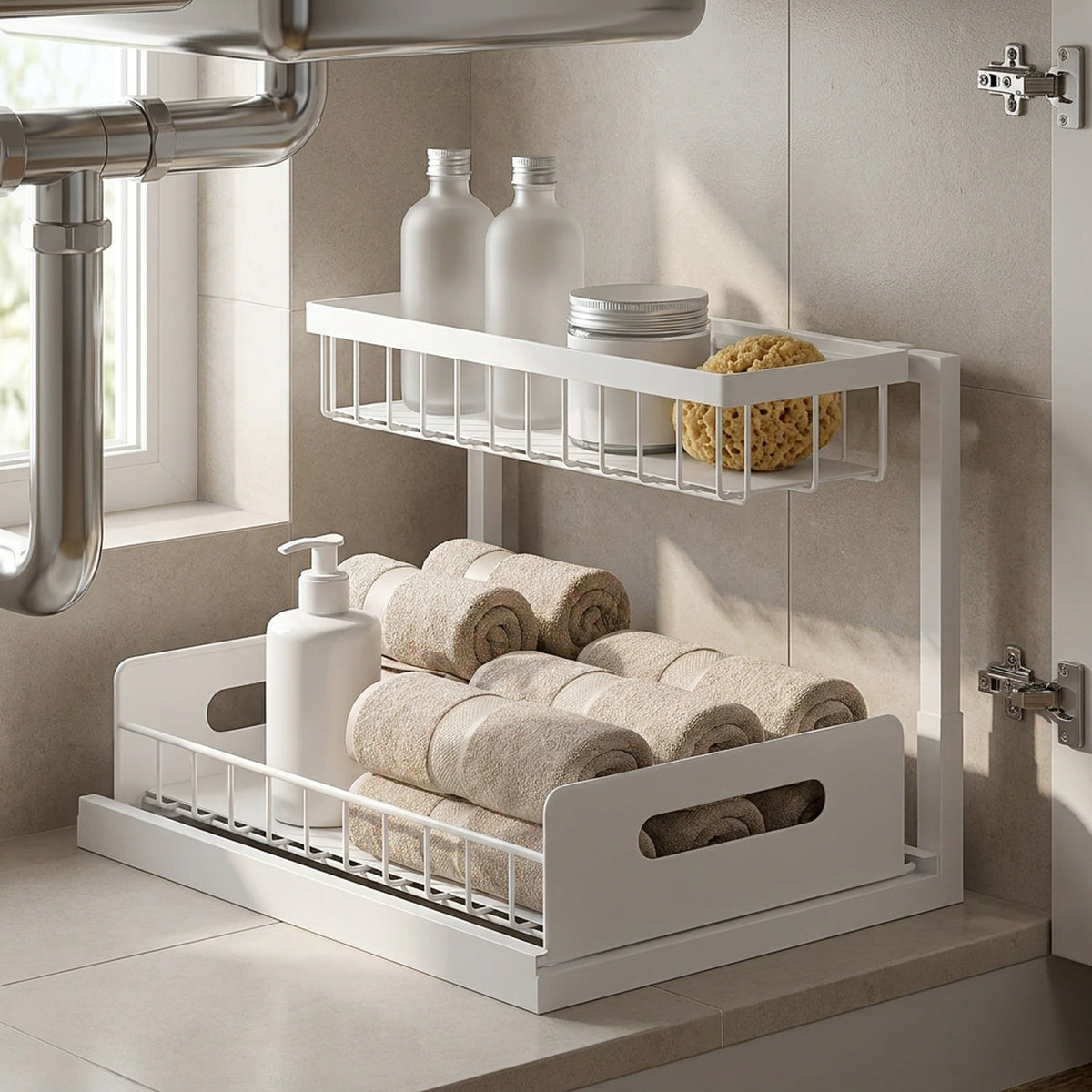 Two Tier Pull-Out Under Sink Organizer – Sliding Cabinet Shelf Storage for Kitchen or Bathroom, Space-Saving and Easy Access for Cleaning Supplies