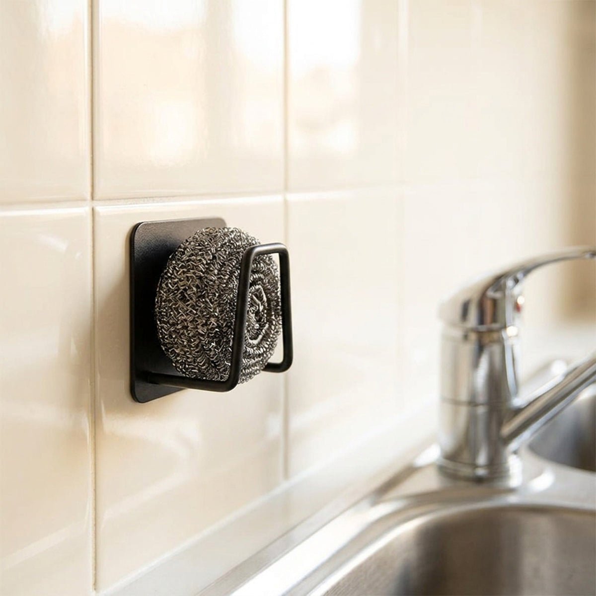 Self-Adhesive Kitchen Sponge Rack – Stainless Steel Sink Organizer with Drain Design, Wall-Mounted Holder for Sponges and Scrubbers, Space-Saving Kitchen Sink Accessories