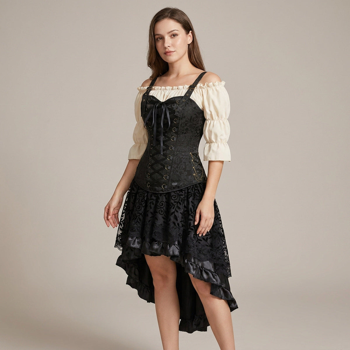Women’s Pirate Corset Dress – Plus Size Brown Faux Leather Steampunk Costume with Off-Shoulder Blouse for Halloween Party Cosplay
