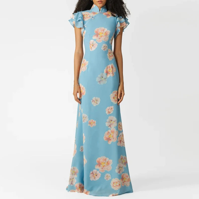 Asymmetrical Printed Turtleneck Long Dress – Women’s Fall/Winter Maxi Fashion, Full Sleeves, Chic Style for Modern Elegance
