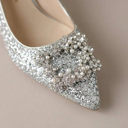 Rhinestone Wedding Shoes – Glitter Block Heel Pumps with Crystal Bow Buckle for Weddings and Parties