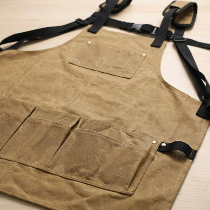 Waxed Canvas Work Apron with Tool Pockets - Heavy Duty Woodworking Shop Apron, Cross-Back Straps