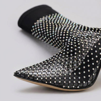 Rhinestone Fishnet Sock Heels – Black Mesh Pointed-Toe Stiletto Boots