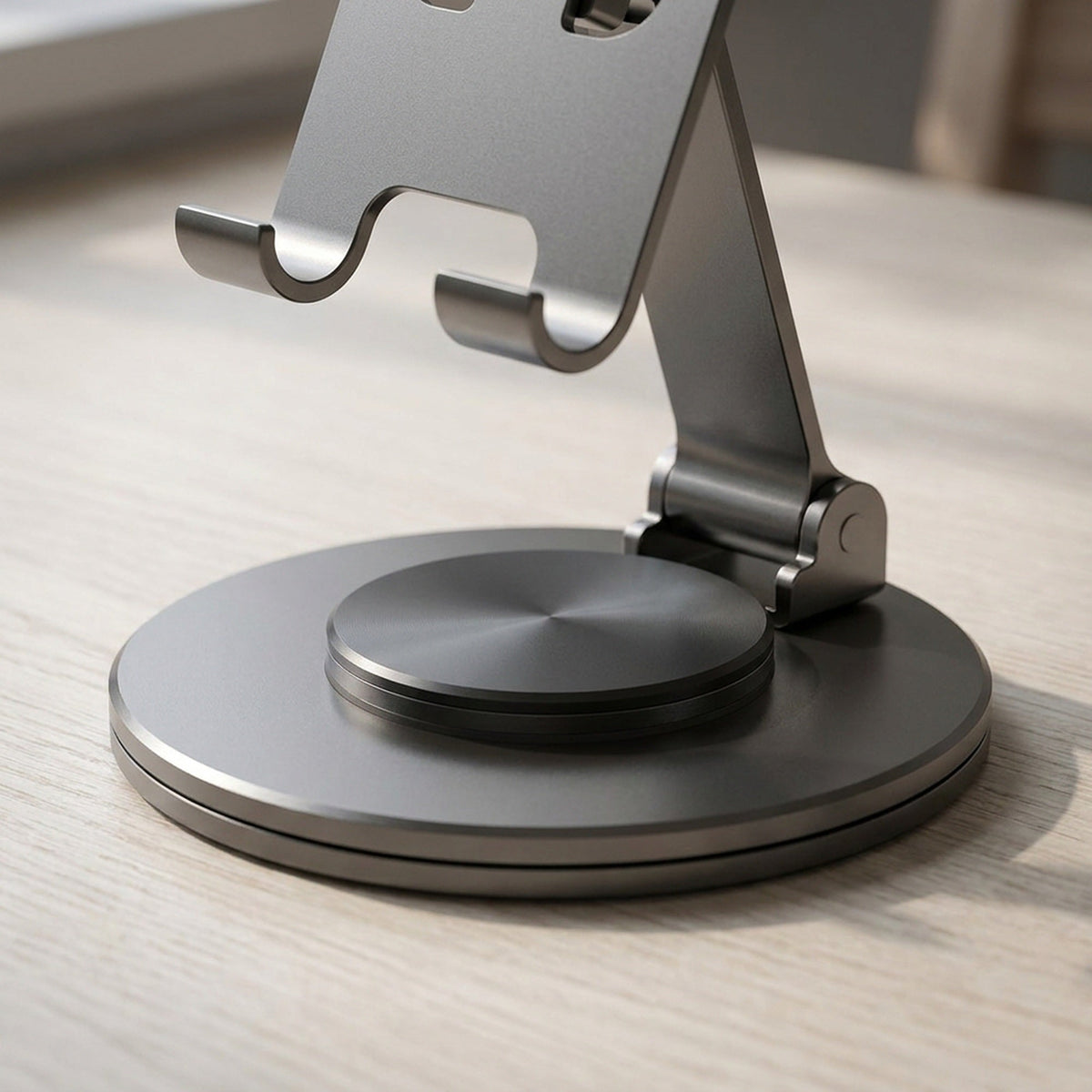 360° Swivel Phone Stand — Folding Metal Desk Holder with Rotating Base, Adjustable Height and Tilt