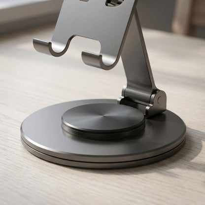 360° Swivel Phone Stand — Folding Metal Desk Holder with Rotating Base, Adjustable Height and Tilt