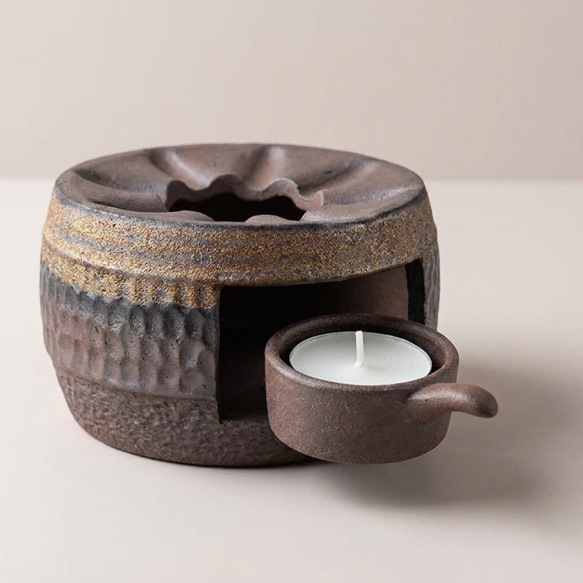 Ceramic Tea Stove & Teapot Warmer Set – Hammered Stoneware, Tea-Light Heated