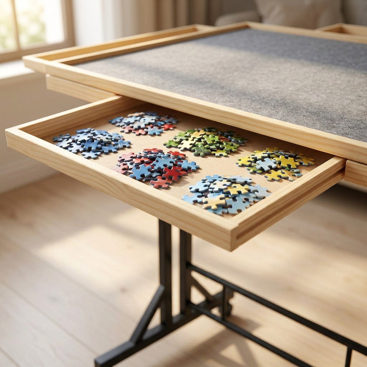 Tilting Wooden Puzzle Table with 4 Drawers - Height-Adjustable Rolling Jigsaw Board with Felt Top and Clear Cover, for Puzzles up to 1500 Pieces