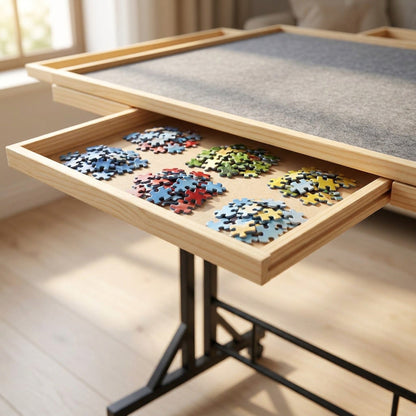 Tilting Wooden Puzzle Table with 4 Drawers - Height-Adjustable Rolling Jigsaw Board with Felt Top and Clear Cover, for Puzzles up to 1500 Pieces
