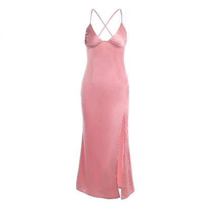 Backless Satin Slip Dress – Sexy Spaghetti Strap V-Neck Bodycon Maxi – High Slit Party Dress