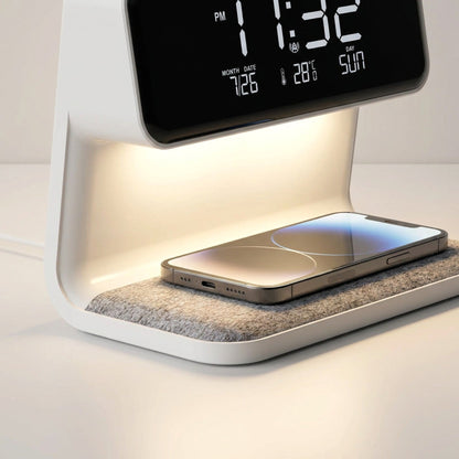 Creative 3-in-1 Bedside Lamp – Wireless Phone Charger & Smart Alarm with LCD Display for a Sleek, All-in-One Nightstand Upgrade
