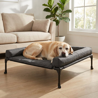 Raised Breathable Cooling Elevated Dog Bed with Pillow-Top – Mesh Bolster Pet Cot for Indoor/Outdoor Summer Comfort & Joint Support