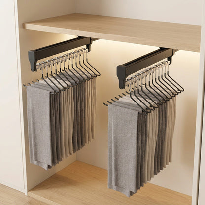 Top-Mount Pull-Out Wardrobe Hanger Rail – Extendable Adjustable Closet Rod for Hanging Clothes, Trouser Organization, Maximizing Wardrobe Space Neatly and Efficiently