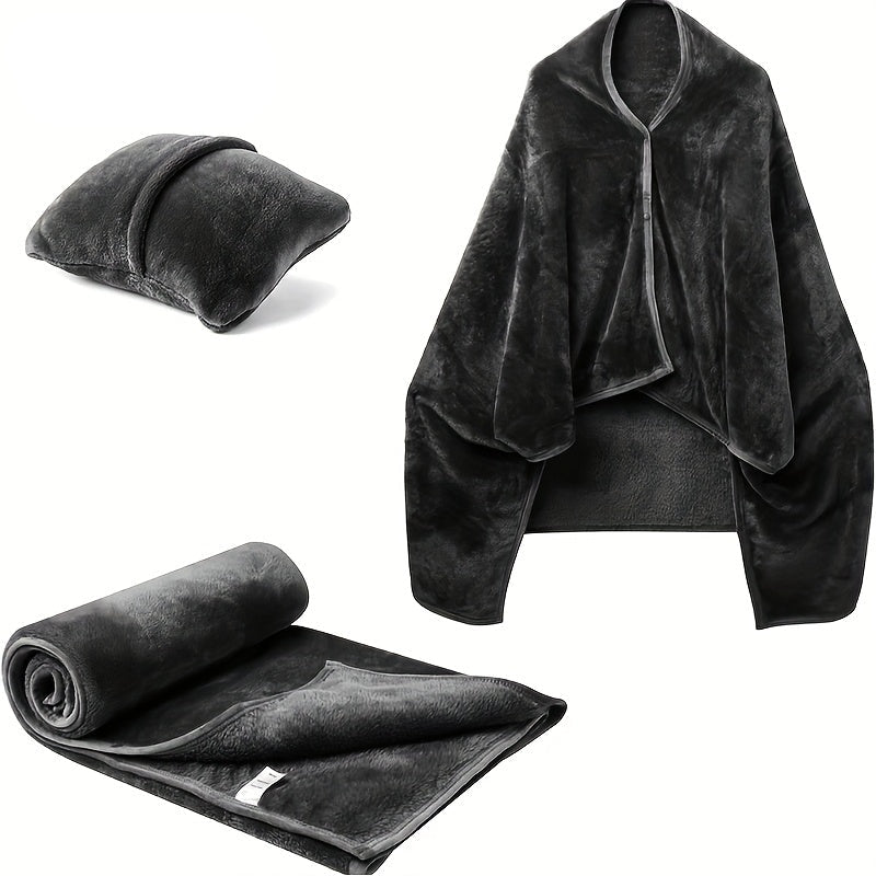 Wearable Flannel Shawl Blanket Pillow – 2-in-1 Travel Blanket with Sleeves & Button Closure for Office, Home & Flights