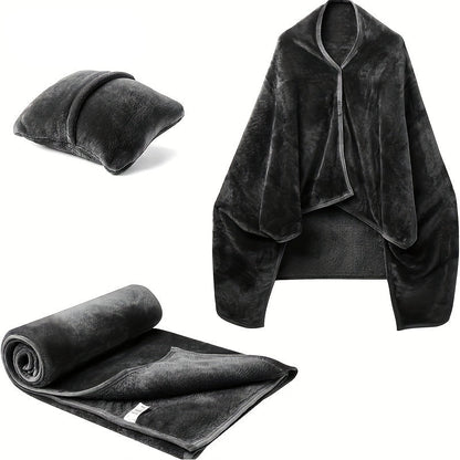 Wearable Flannel Shawl Blanket Pillow – 2-in-1 Travel Blanket with Sleeves & Button Closure for Office, Home & Flights