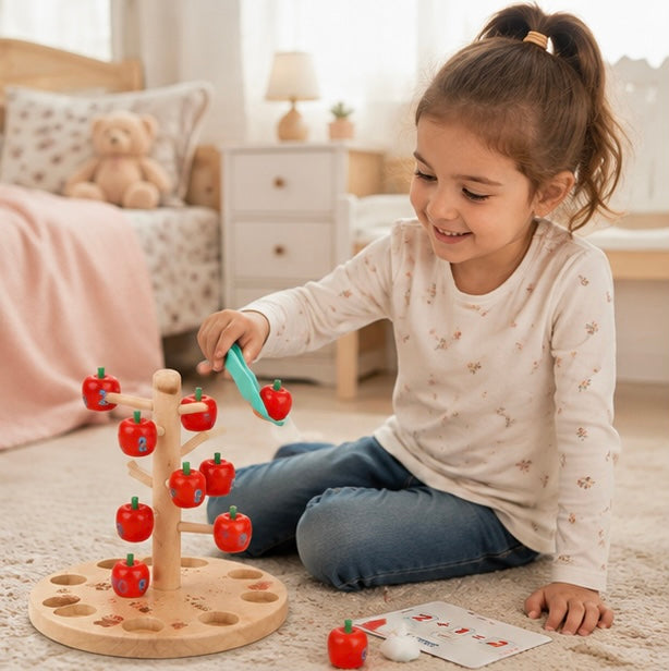 Montessori Apple Tree Counting Toy – Wooden Math Learning Game for Number Recognition and Early Education