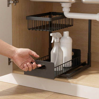 Two Tier Pull-Out Under Sink Organizer – Sliding Cabinet Shelf Storage for Kitchen or Bathroom, Space-Saving and Easy Access for Cleaning Supplies