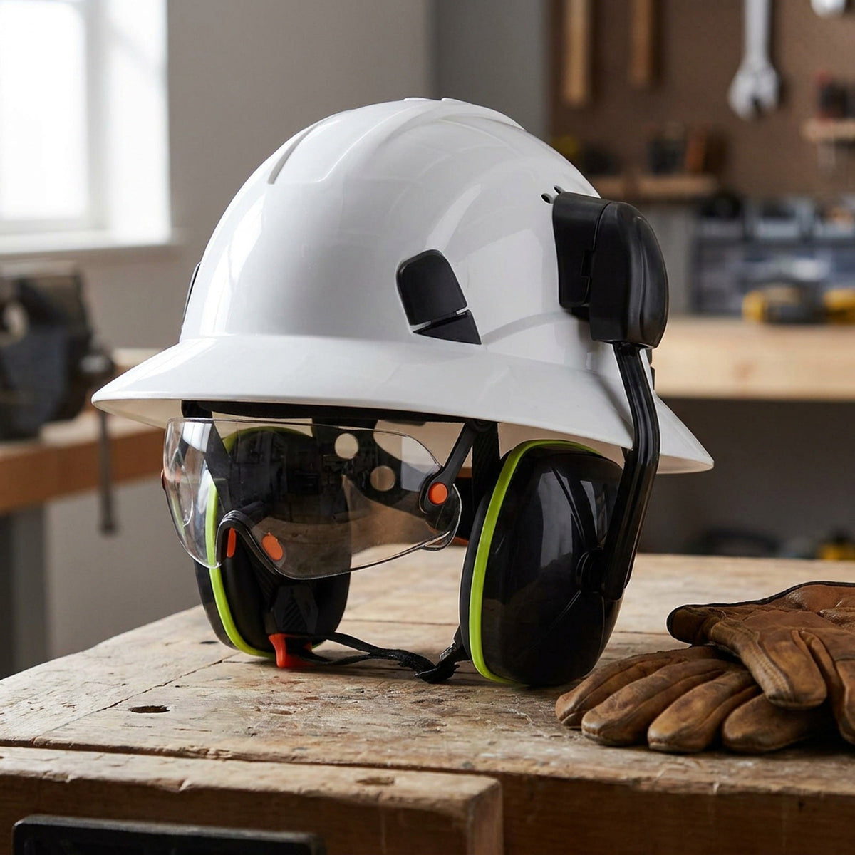 Full Brim Hard Hat with Built-In Eye Shield & Earmuffs – Vented HDPE Safety Helmet, ANSI Z89.1 Type I Class C