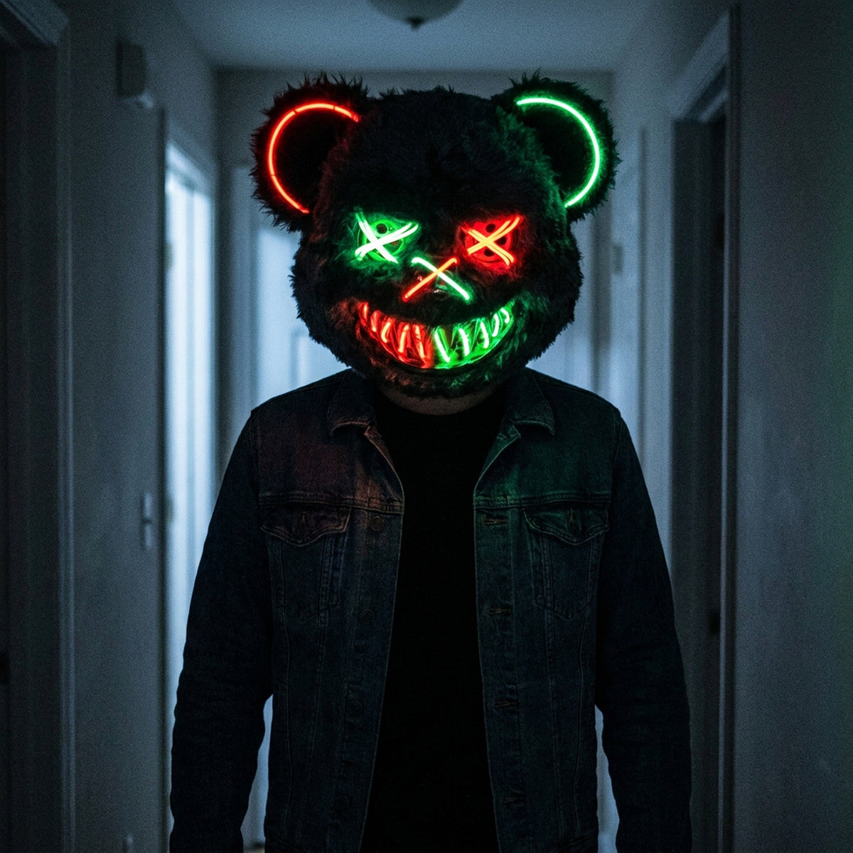 Halloween Bloody Bear Killer Mask – LED Light-Up Flashing Neon Horror Mask for Scary Cosplay, Costume Parties, and Haunted House Decoration