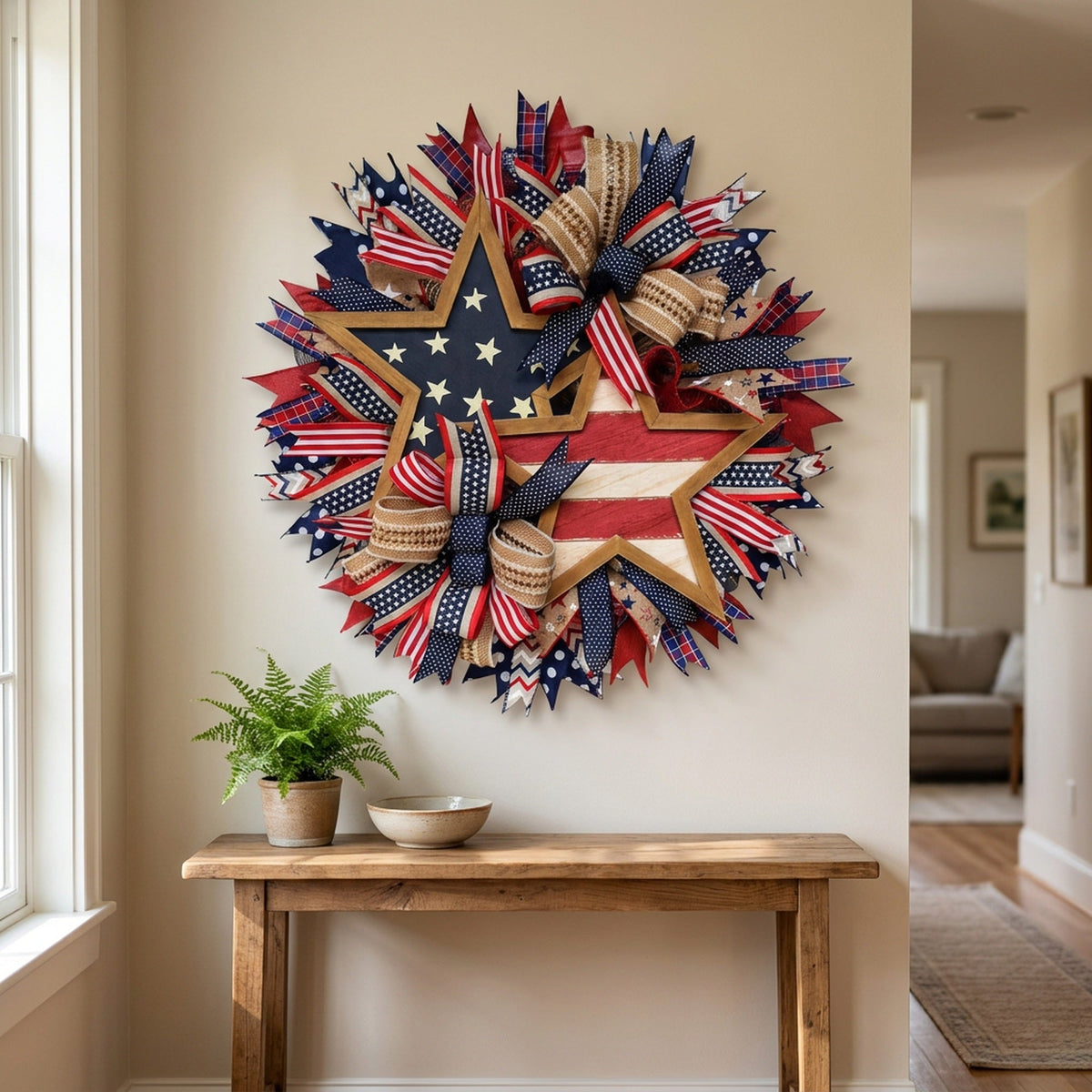 Fourth of July Patriotic Wreath – 17.7in Red White Blue Flag Garland for Front Door, Memorial Day Pride Wall Decor & Festive Independence Day Swag