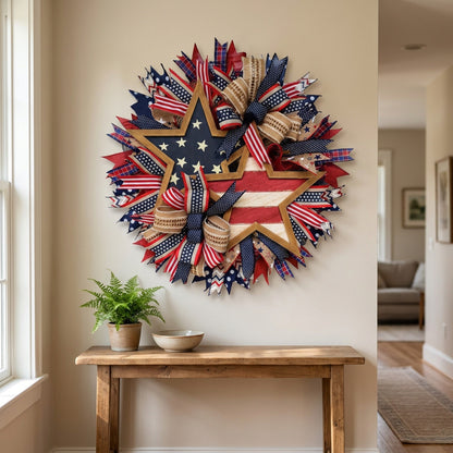 Fourth of July Patriotic Wreath – 17.7in Red White Blue Flag Garland for Front Door, Memorial Day Pride Wall Decor & Festive Independence Day Swag