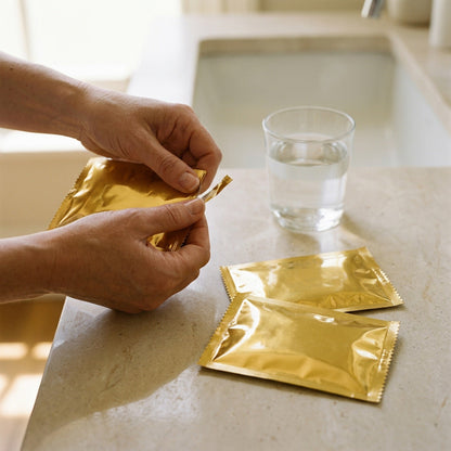 Gold Under-Eye Gel Patches — Cooling Hydrogel Eye Masks in Single-Use Foil Sachets, 20–30 Minute Wear
