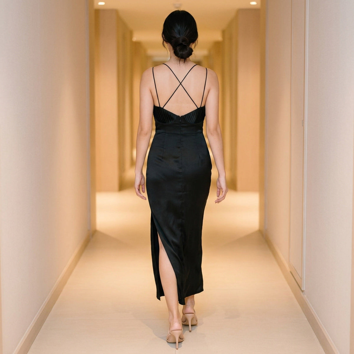 Backless Satin Slip Dress – Sexy Spaghetti Strap V-Neck Bodycon Maxi – High Slit Party Dress