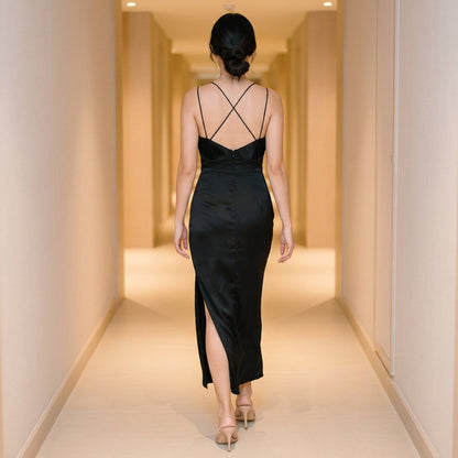 Backless Satin Slip Dress – Sexy Spaghetti Strap V-Neck Bodycon Maxi – High Slit Party Dress