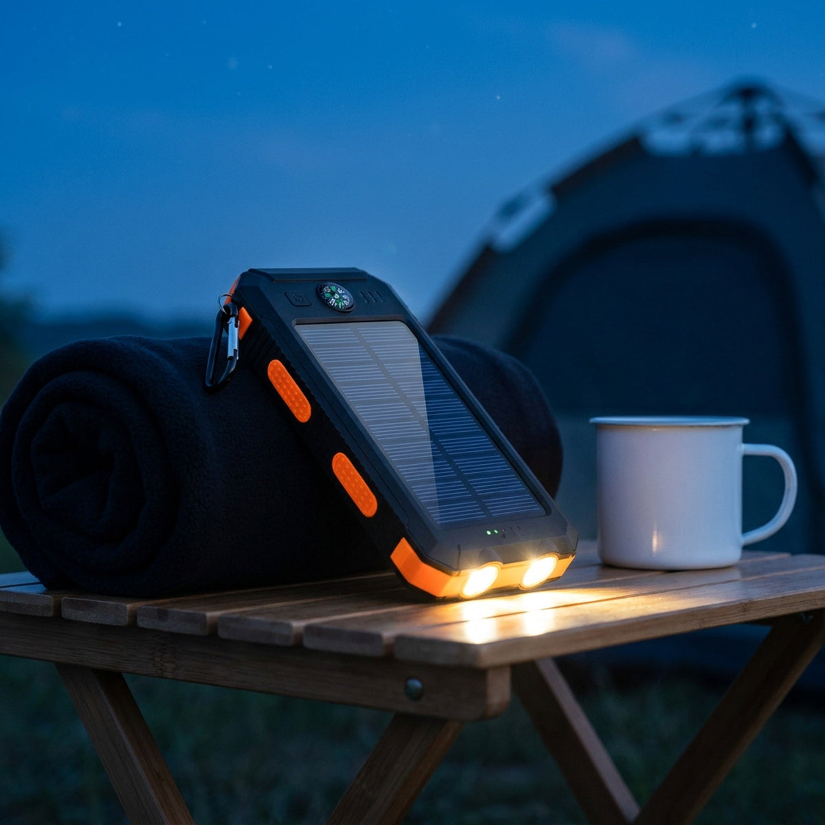Solar Power Bank with Dual LED Light and Carabiner - USB-Charged Pocket Battery, Solar Panel for Emergency Top-Ups