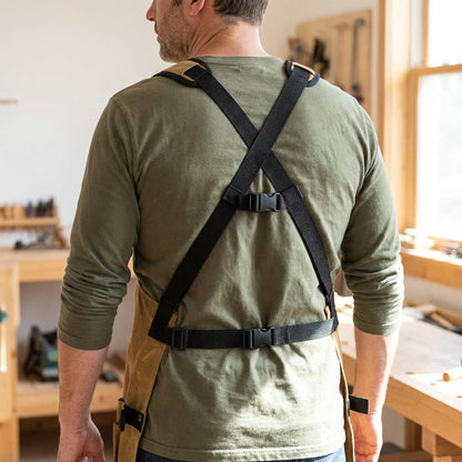Waxed Canvas Work Apron with Tool Pockets - Heavy Duty Woodworking Shop Apron, Cross-Back Straps
