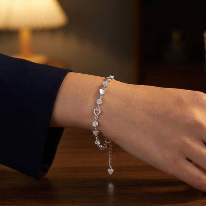 Sterling Silver Heart Zircon Bracelet – 925 Sparkling Adjustable Chain Jewelry with Elegant Korean Design for Women, Romantic Gifts and Parties