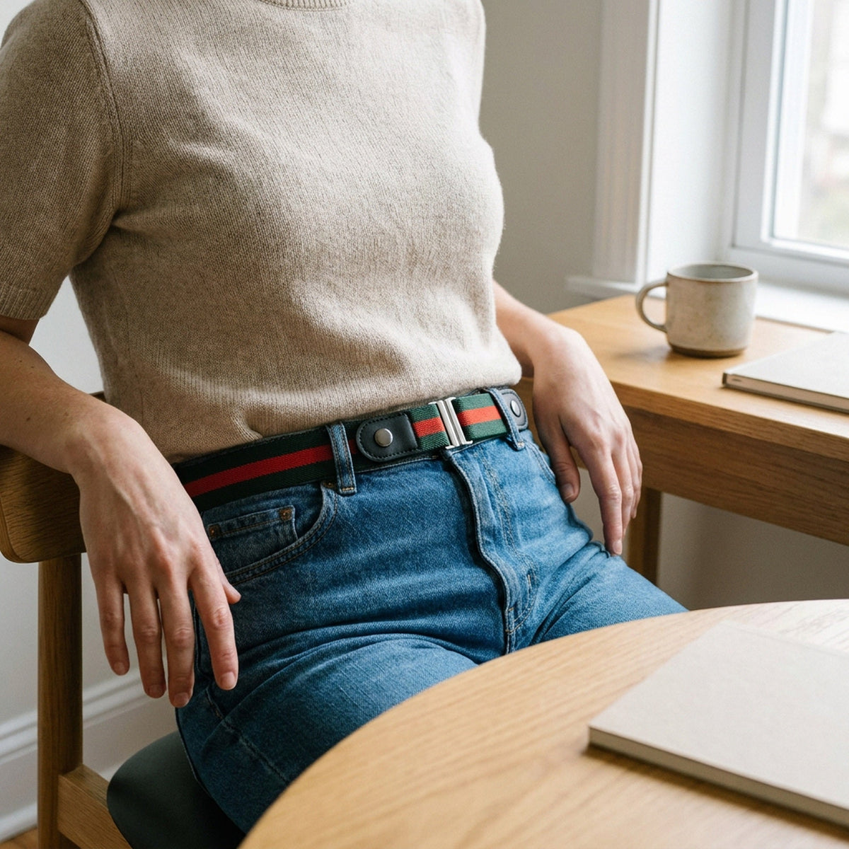 Buckle-Free Stretch Belt for Women - Flat Elastic Waist Belt with Snap Tabs, No Buckle Bulge