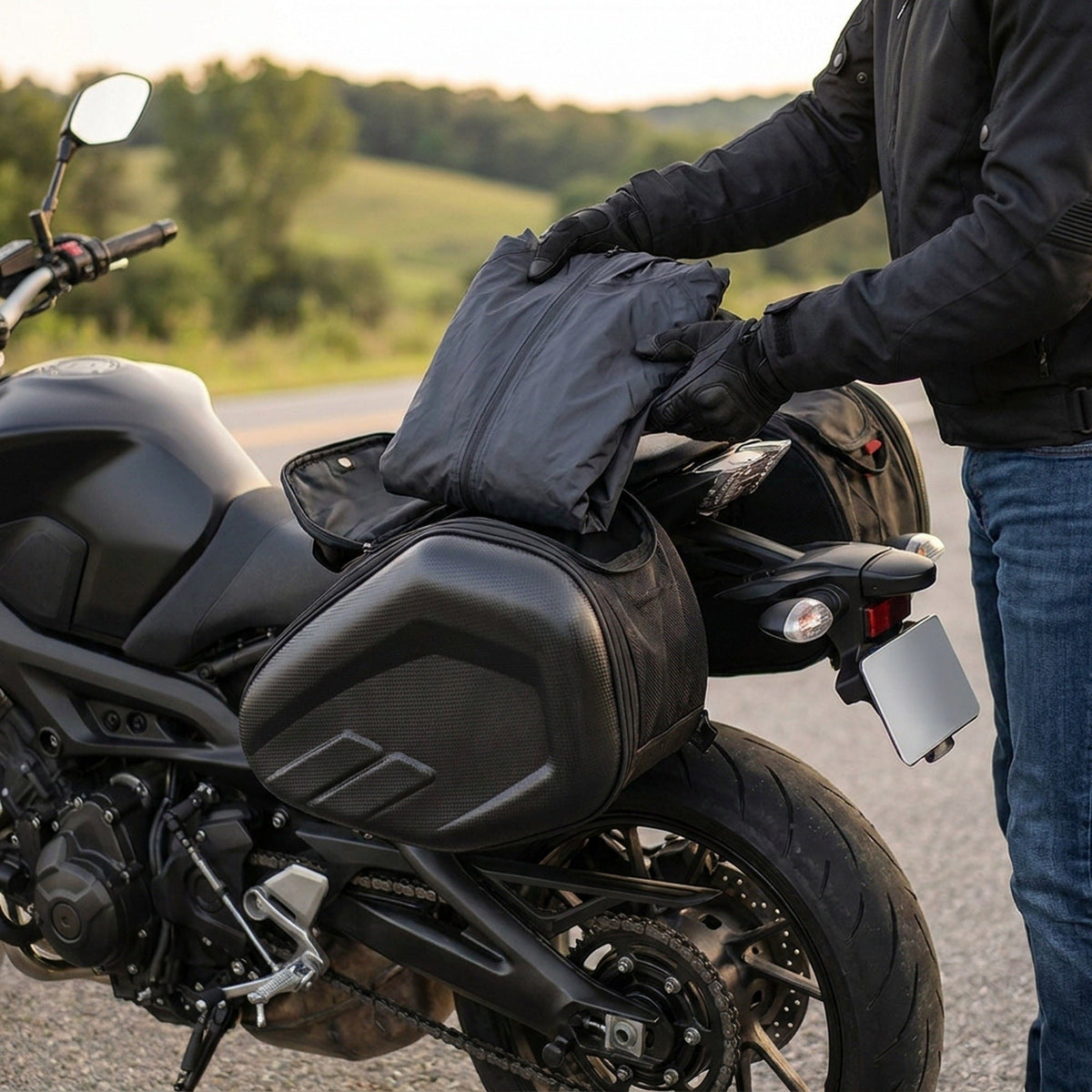 Universal Frameless Motorcycle Saddlebags – Expandable 36–58 L Throw-Over Pair