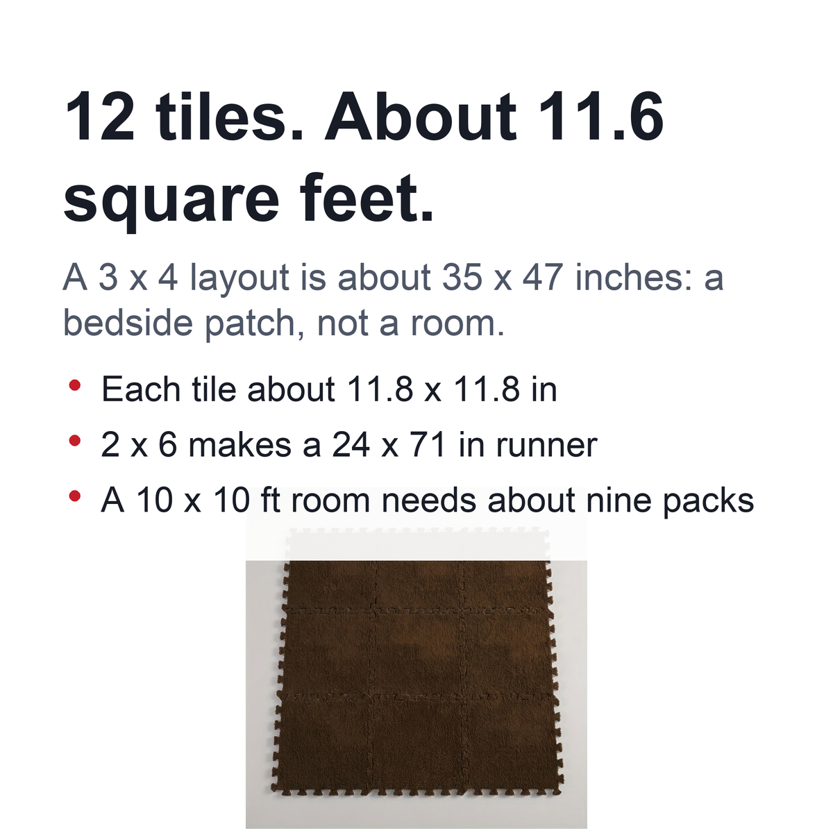 Plush Interlocking Carpet Tiles – 12 Foam Puzzle Mat Squares, 11.8 in, Hand-Washable