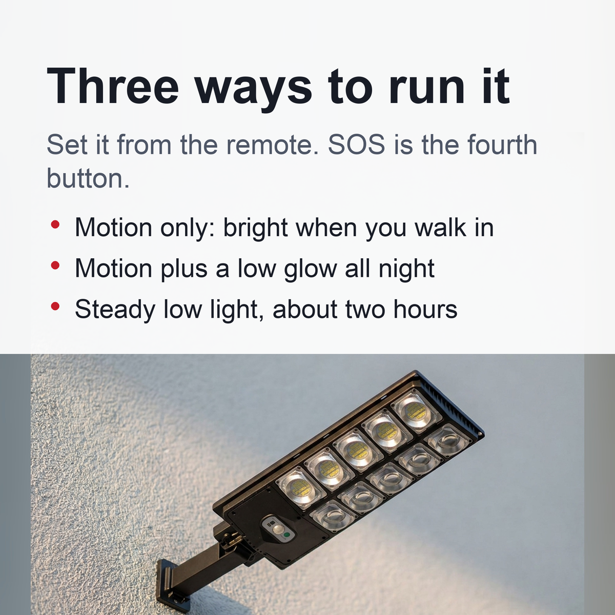 504-LED Solar Motion Sensor Light – Remote Control, 3 Lighting Modes + SOS Flash, Fold-Out Wall Bracket, Cool White