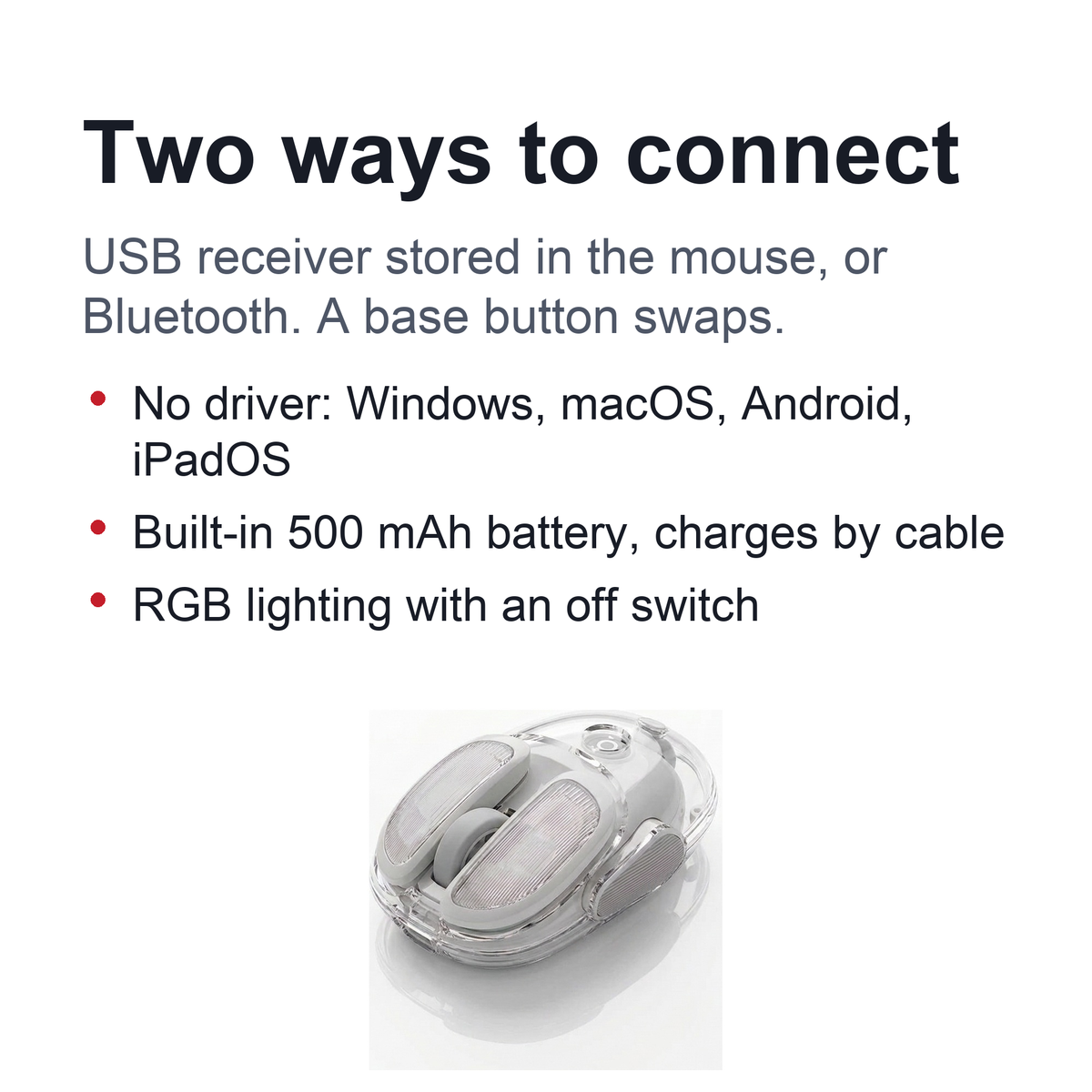 Transparent Wireless Mouse – Silent Click, Bluetooth + 2.4G Dual-Mode, Rechargeable, RGB